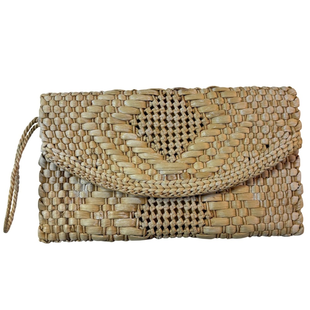 Vintage Woven Straw Raffia Clutch Tan Boho Beach Wristlet‎ Bag Resortwear